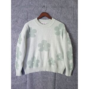 NANETTE LEPORE Sage Green Floral Embellished Long Sleeve Pullover Sweater Large